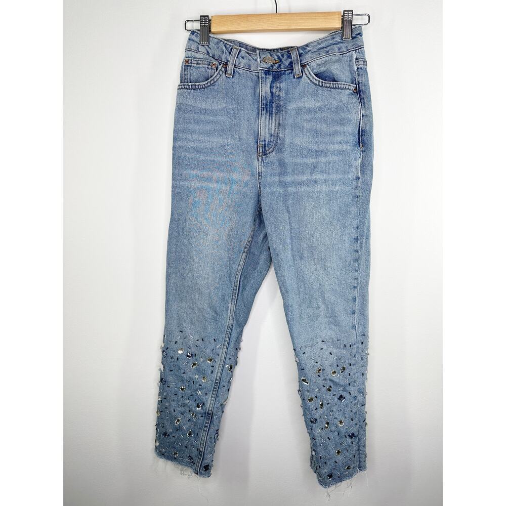Topshop‎ Moto Mom Light Wash Blue Denim Embellished Jeans Women's Size 26